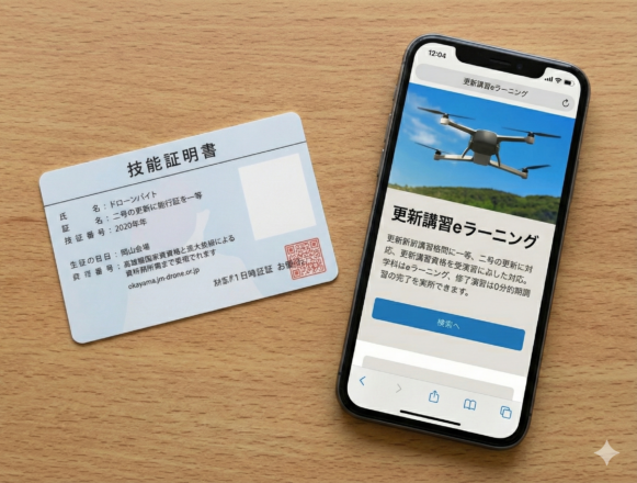 岡山でのドローン免許更新講習（eラーニングと技能証明書）のイメージ